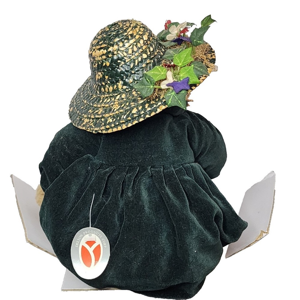 Vintage 1990s Delton Charlotte Victorian Teddy Bear Green Velvet Dress Straw Hat - Picture 2 of 10